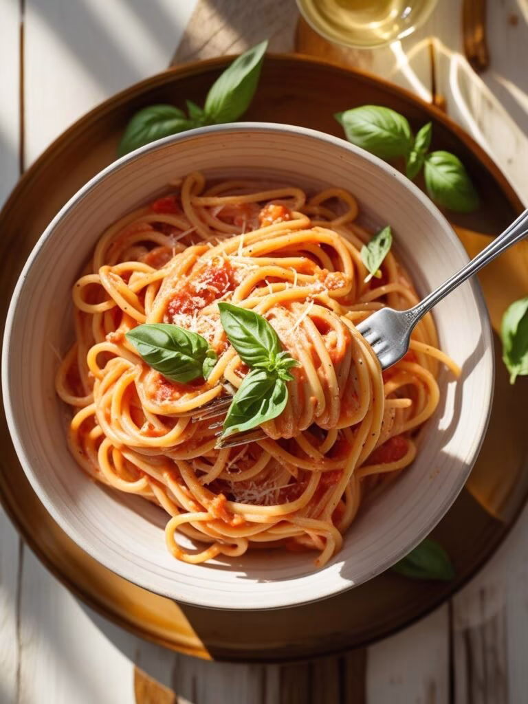 One-Pot-Creamy-Tomato-Basil-Pasta One-pot creamy tomato basil pasta in a rustic white bowl, budget-friendly minimalist dinner