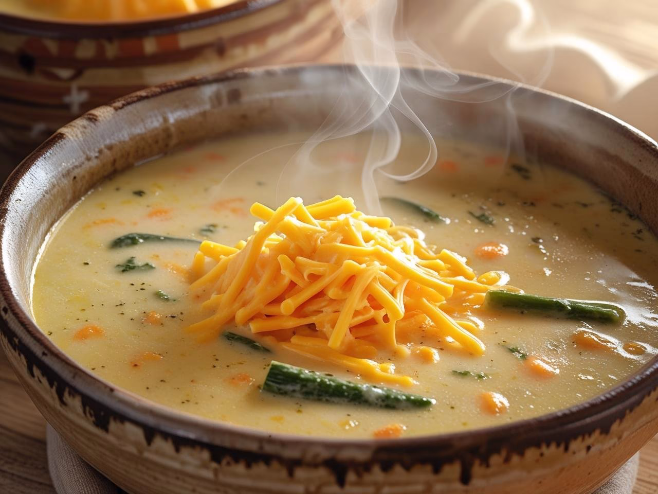 Creamy vegetable soup with cheddar cheese in a rustic bowl