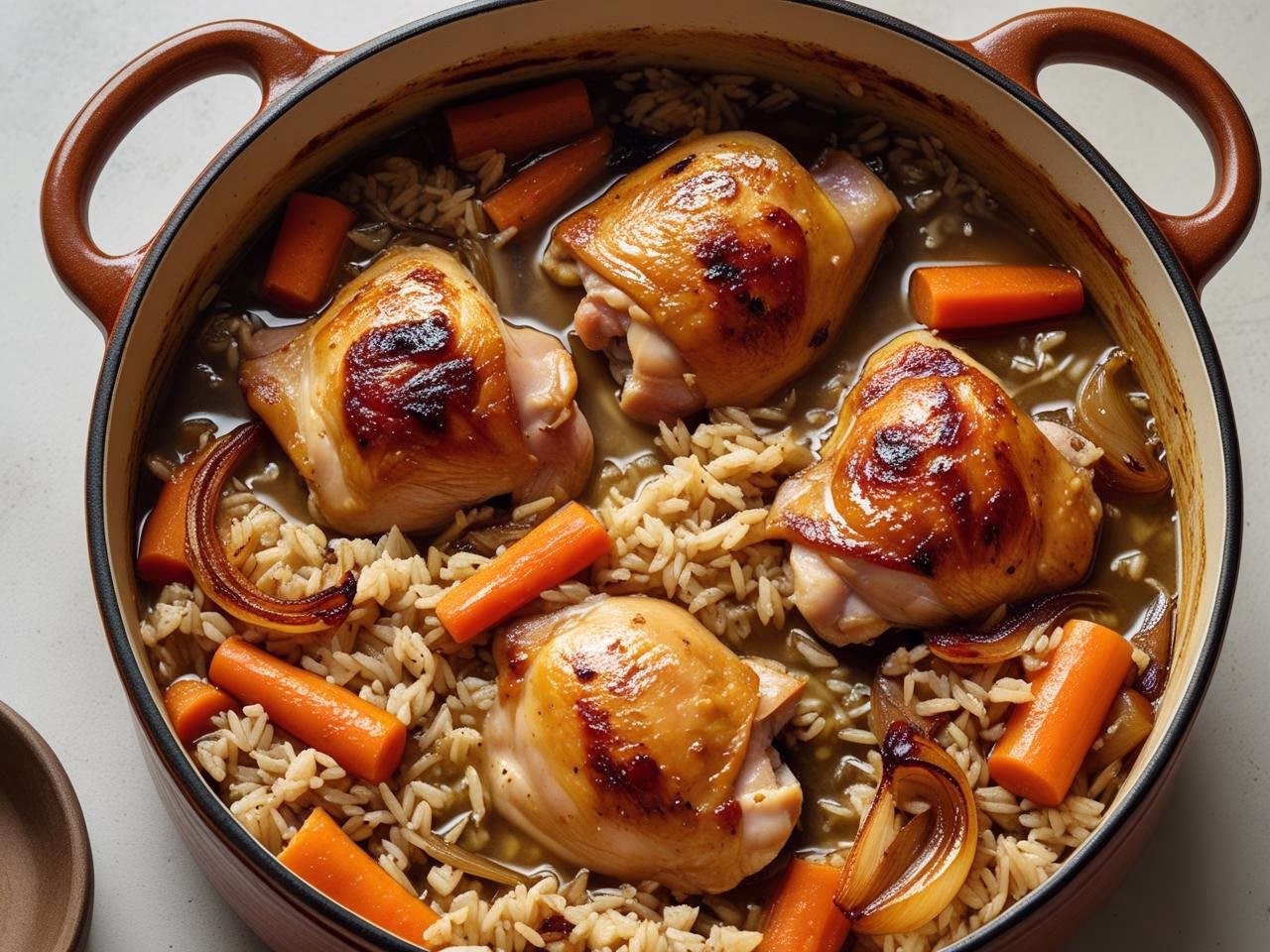 One-pot chicken and rice with carrots and onions in a rustic pot