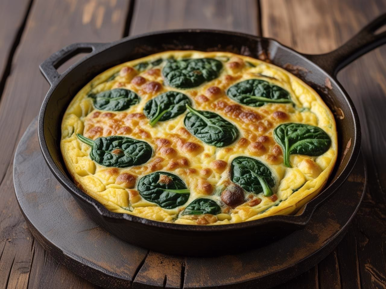 Potato and spinach frittata in a cast iron skillet