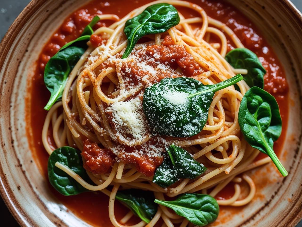 Spaghetti with tomato sauce and fresh spinach on a rustic plate