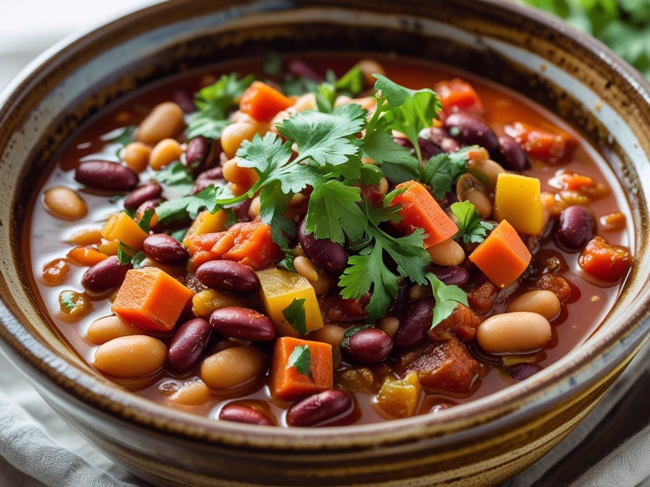 Hearty vegetable and bean chili in a rustic bowl
