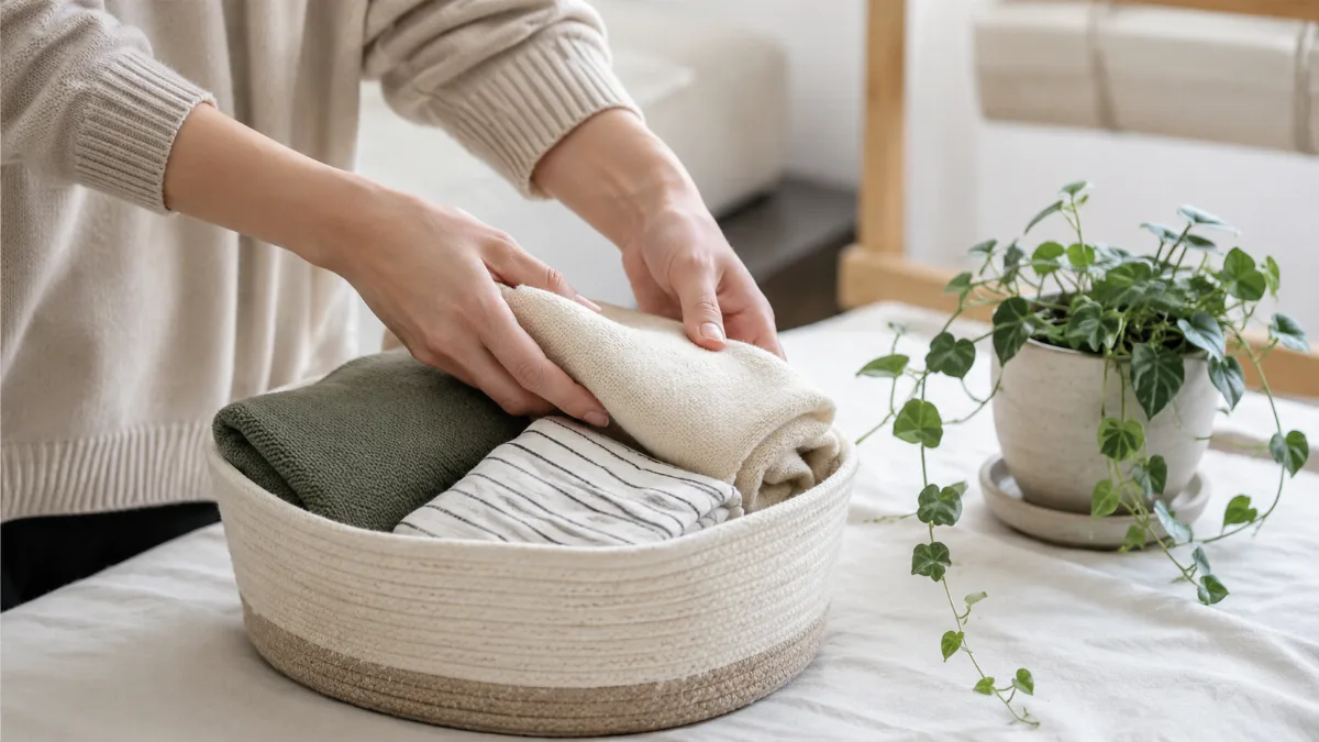 Hands folding items into a small storage basket
