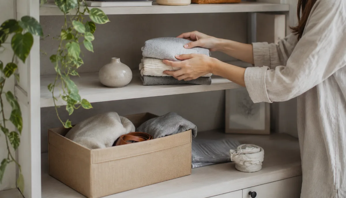 Tidy shelf mid-organization with a few items set aside in a box