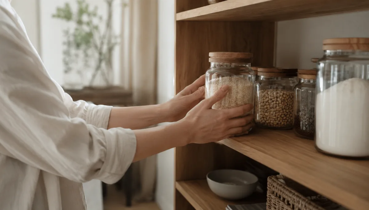 Minimalist pantry shelf with glass jars of staples