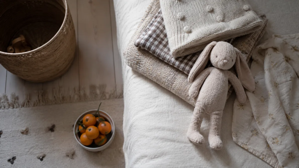 Simple child's room with folded blankets and a soft toy