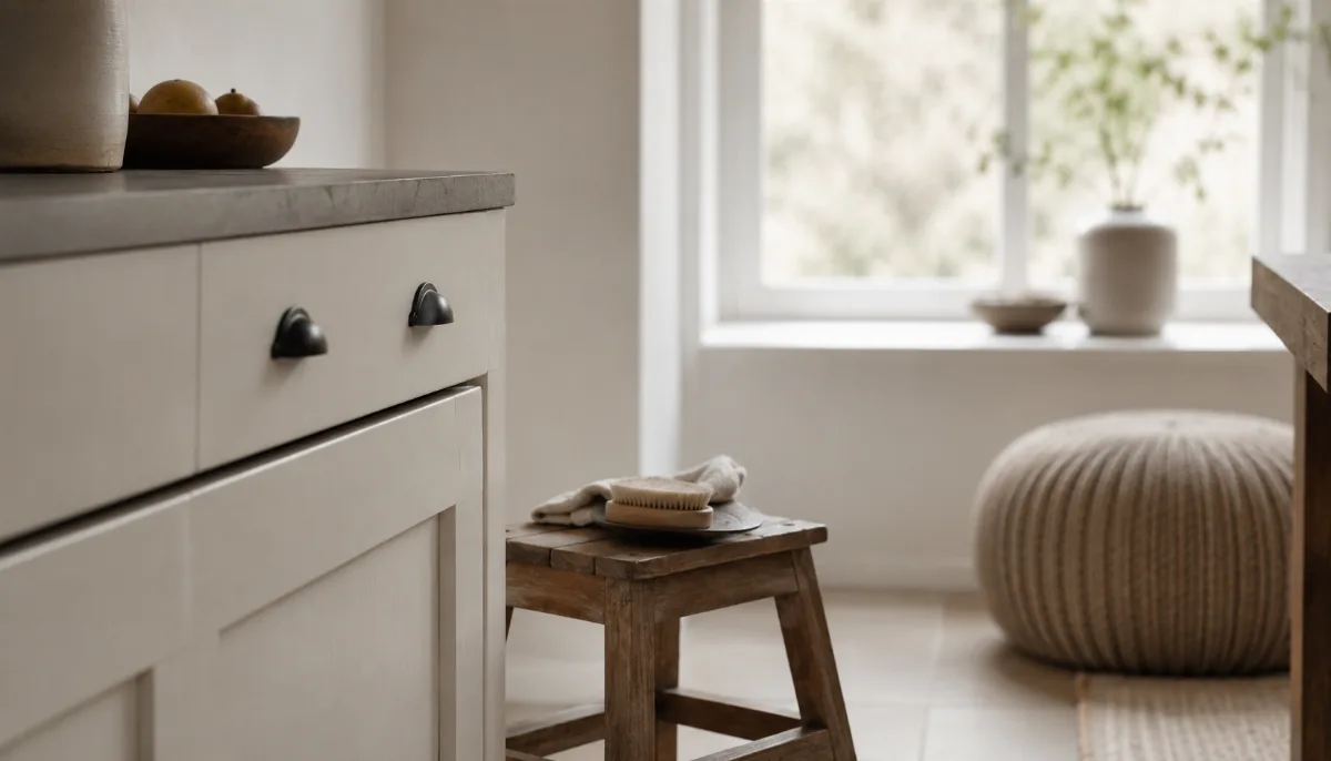 Calm family kitchen corner with a small step stool