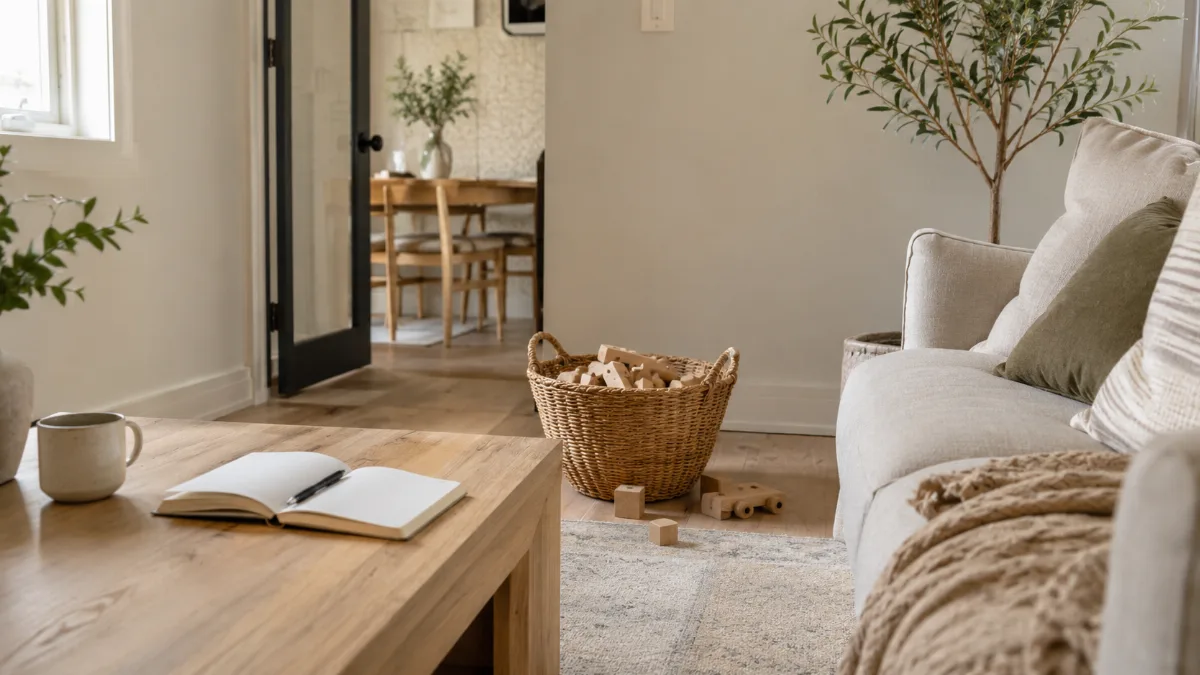 Tidy family room with a basket of wooden toys