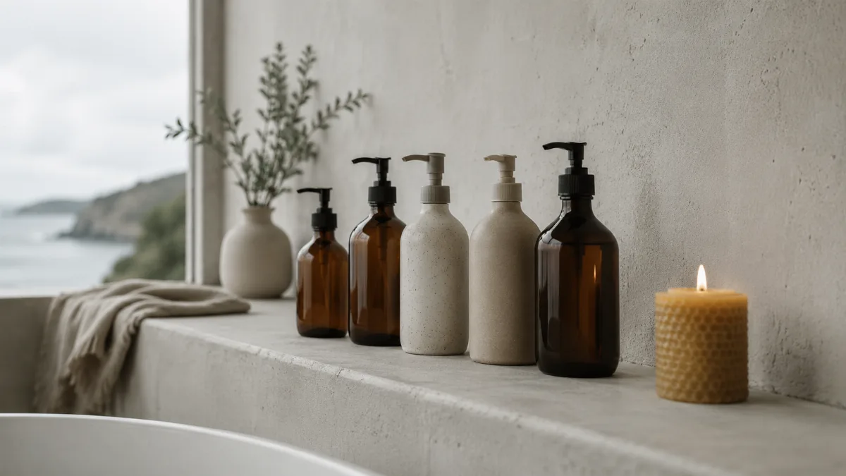 Refillable bottles lined neatly on a bathroom ledge