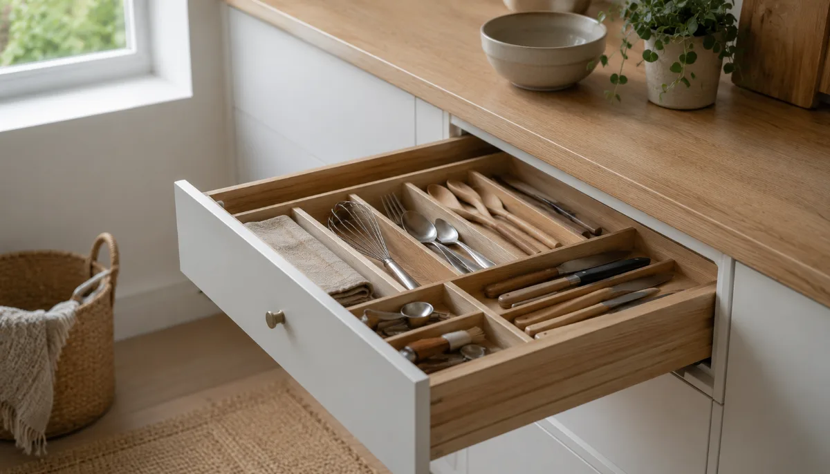 Kitchen drawer with utensils arranged in clean compartments