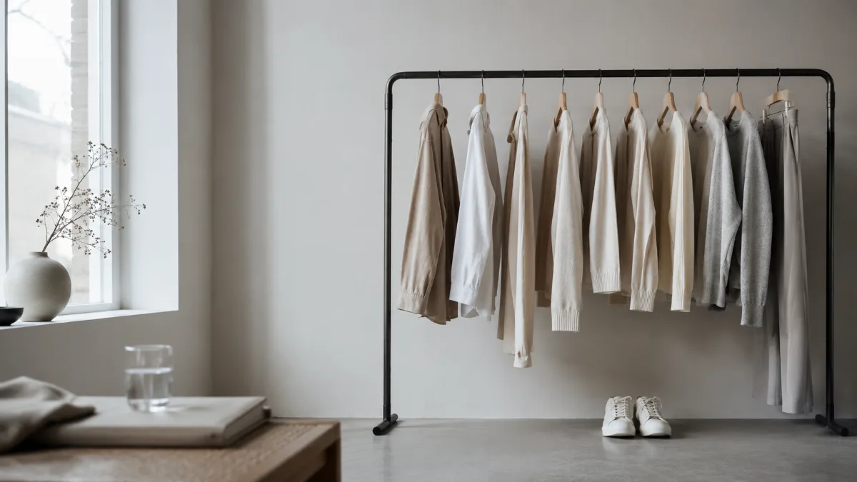 Clothing rail holding a tidy capsule of neutral garments