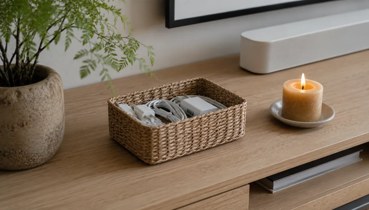 Tidy media console with charging cables tucked into a small woven basket