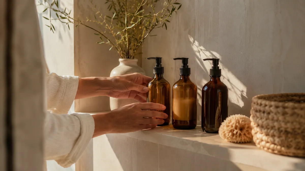 Refillable bottles lined neatly on a bathroom ledge