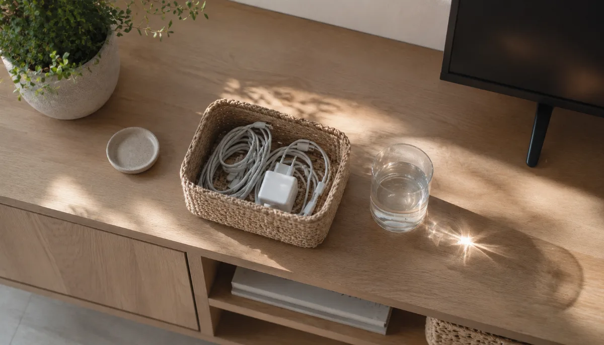 Tidy media console with charging cables tucked into a small woven basket