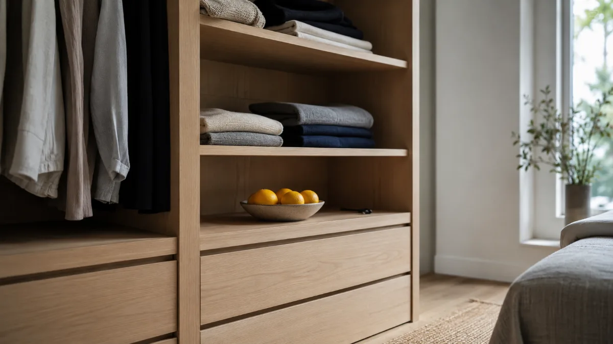 Organized open wardrobe with a small curated set of folded clothes