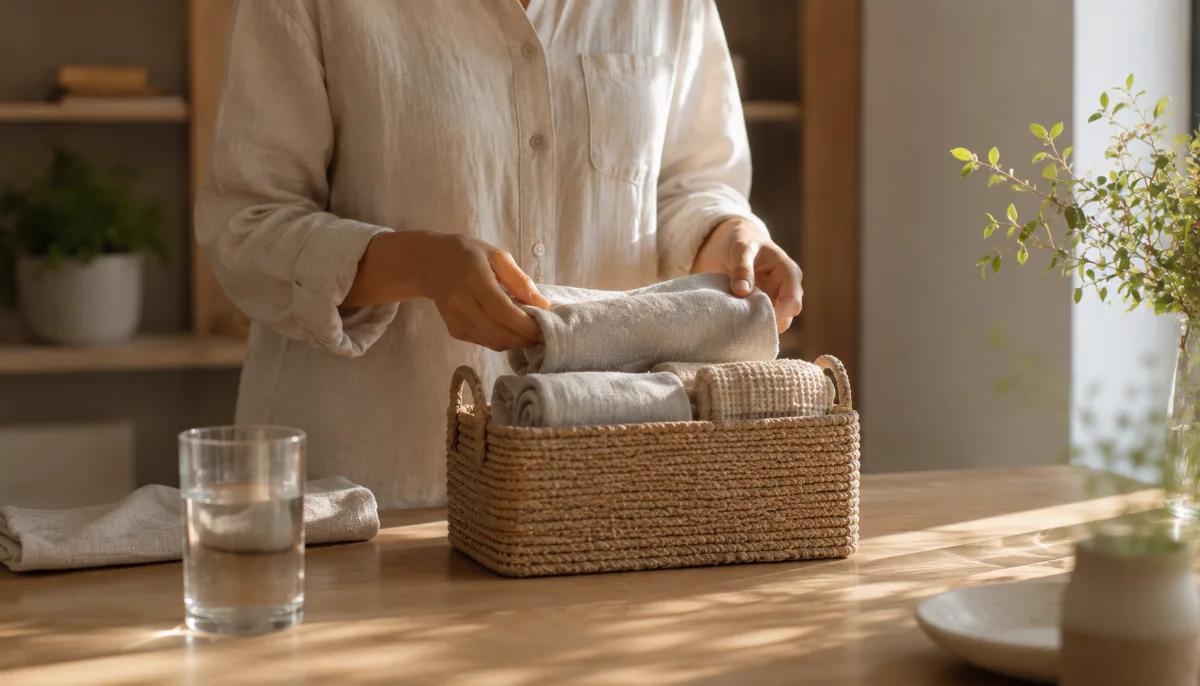 Hands folding items into a small storage basket