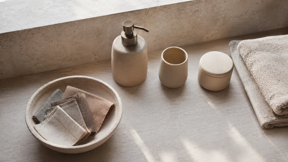 Minimalist bathroom shelf with a few essential items and a folded towel