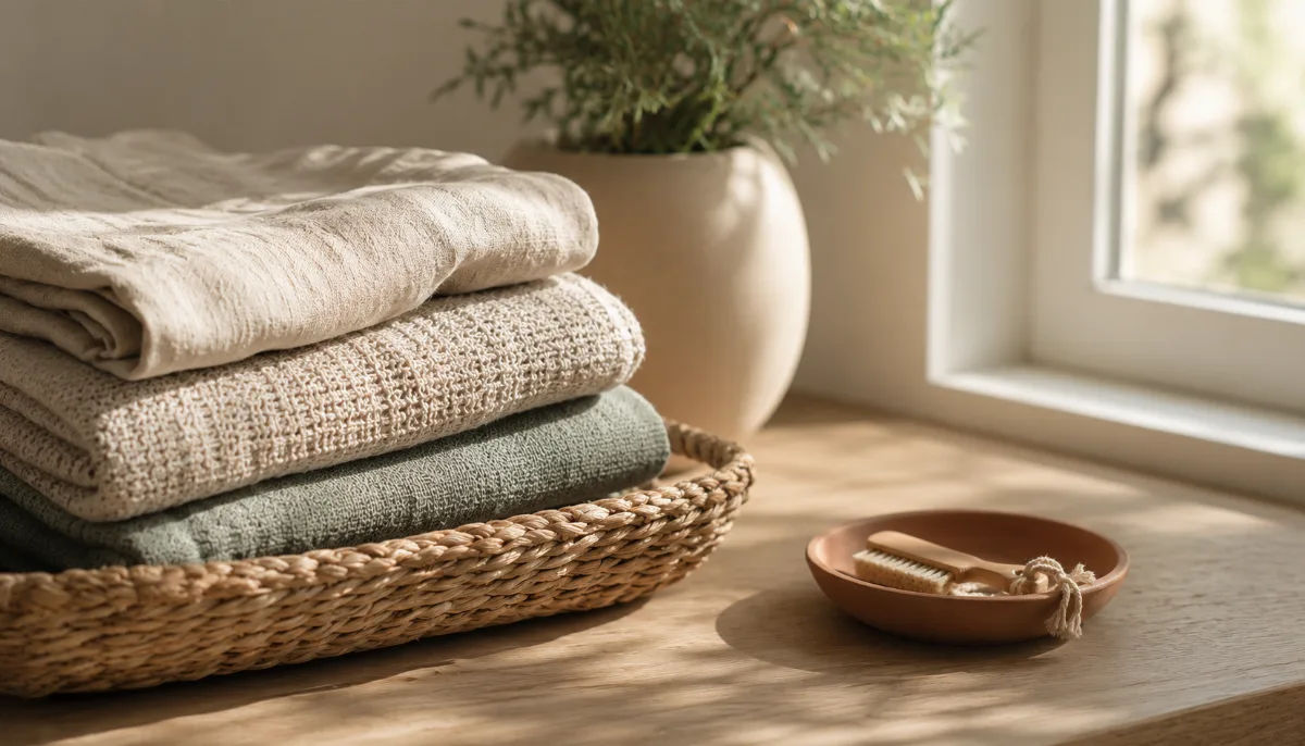 Folded laundry stacked in a woven basket by a window