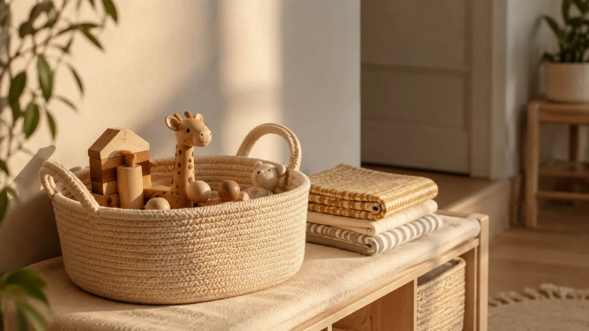 Tidy children's play corner with a few wooden toys in a soft basket