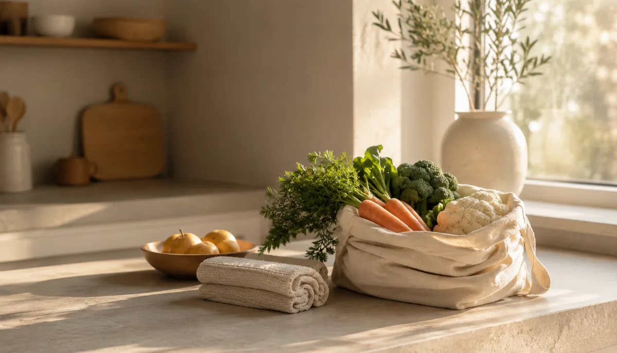 Cloth produce bag of vegetables in soft light