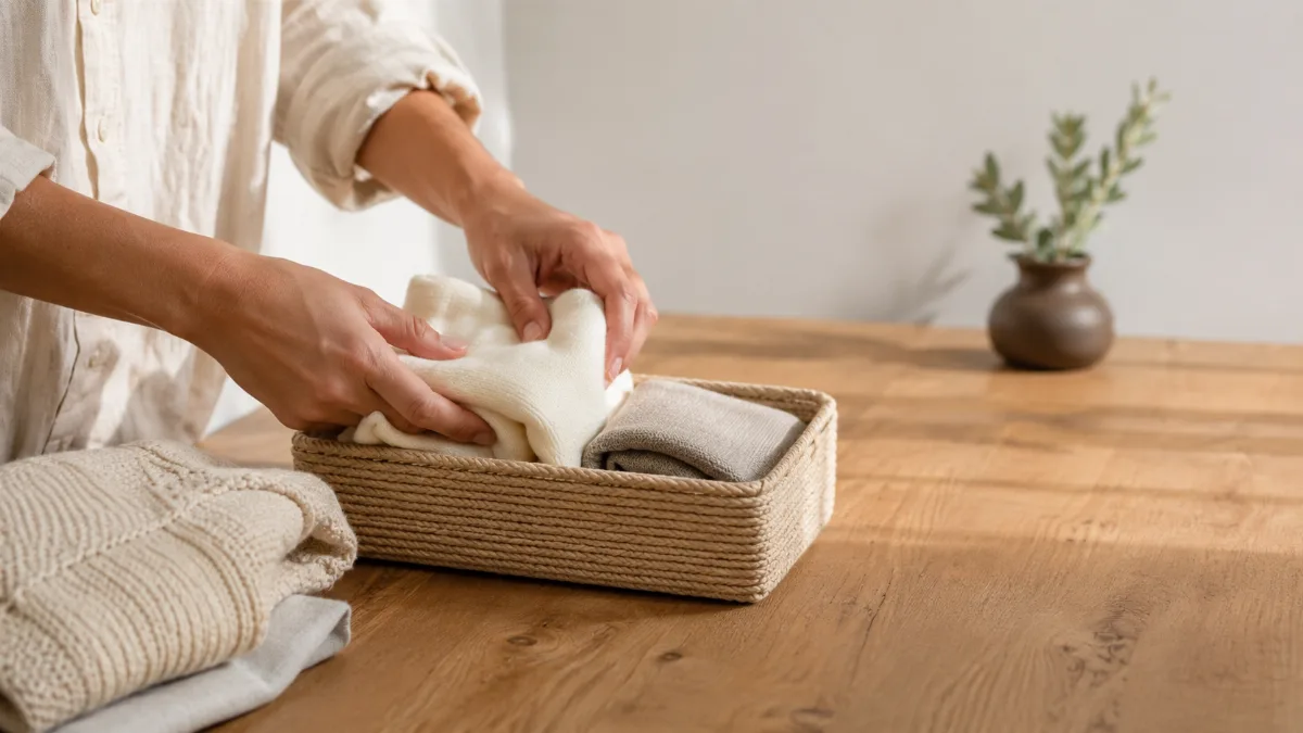 Hands folding items into a small storage basket