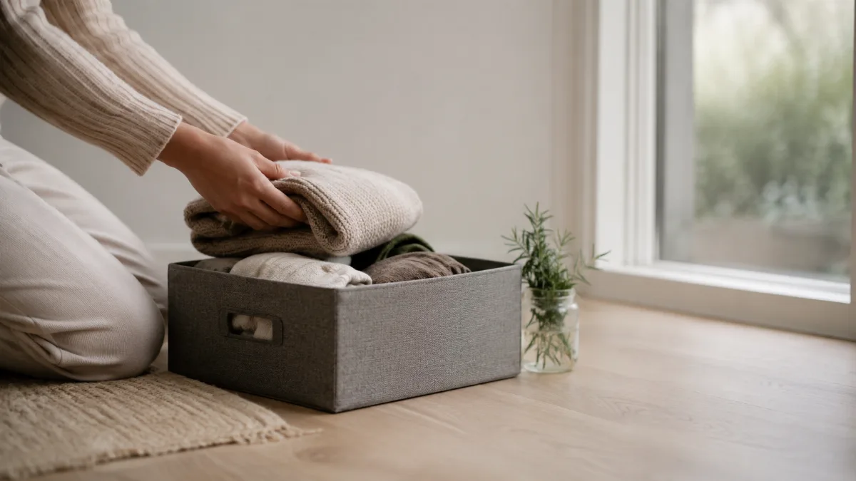 Donation box being filled with folded clothes on the floor