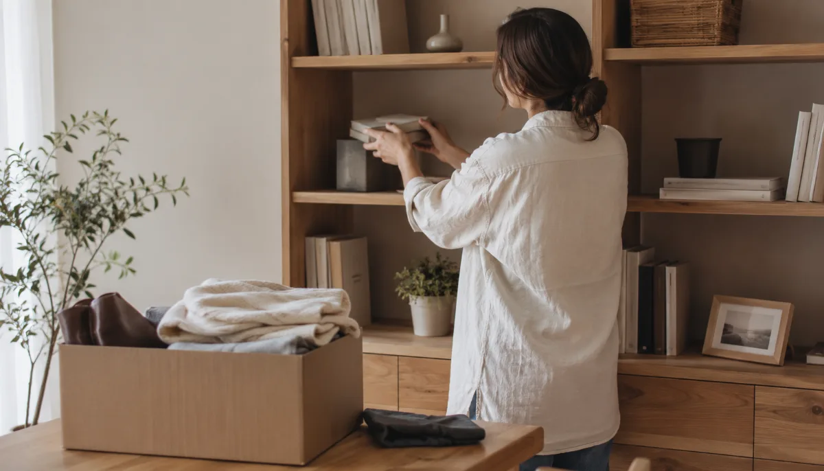 Tidy shelf mid-organization with a few items set aside in a box