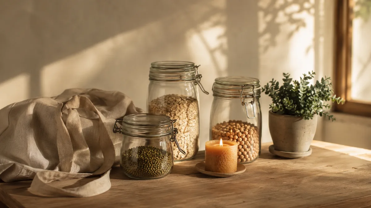 Reusable jars and a cloth bag with a small potted plant