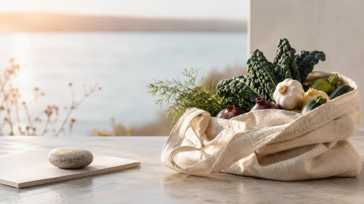 Cloth produce bag of vegetables in soft light
