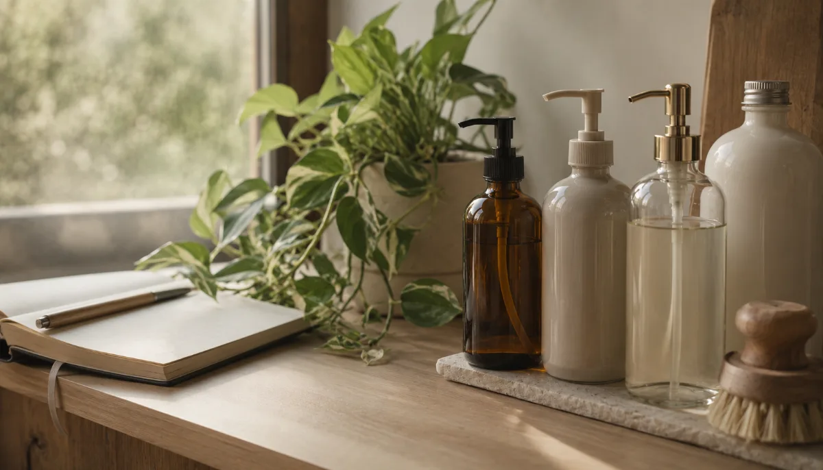 Row of refillable containers beside a leafy green plant