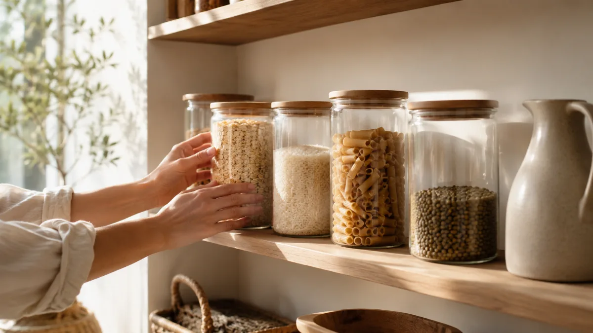 Minimalist pantry shelf with glass jars of staples