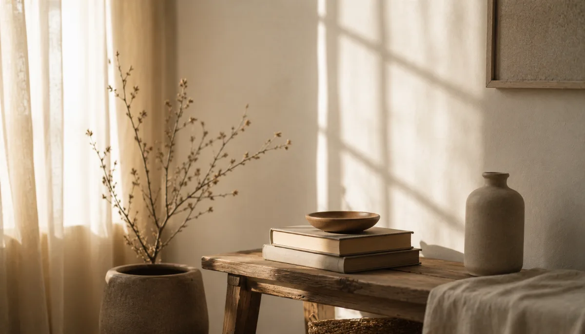 Serene styled vignette with neutral tones and soft daylight