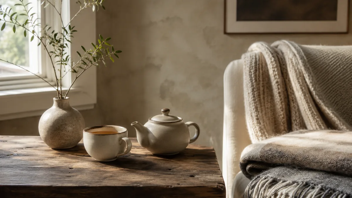 Calm evening corner with tea and a folded blanket