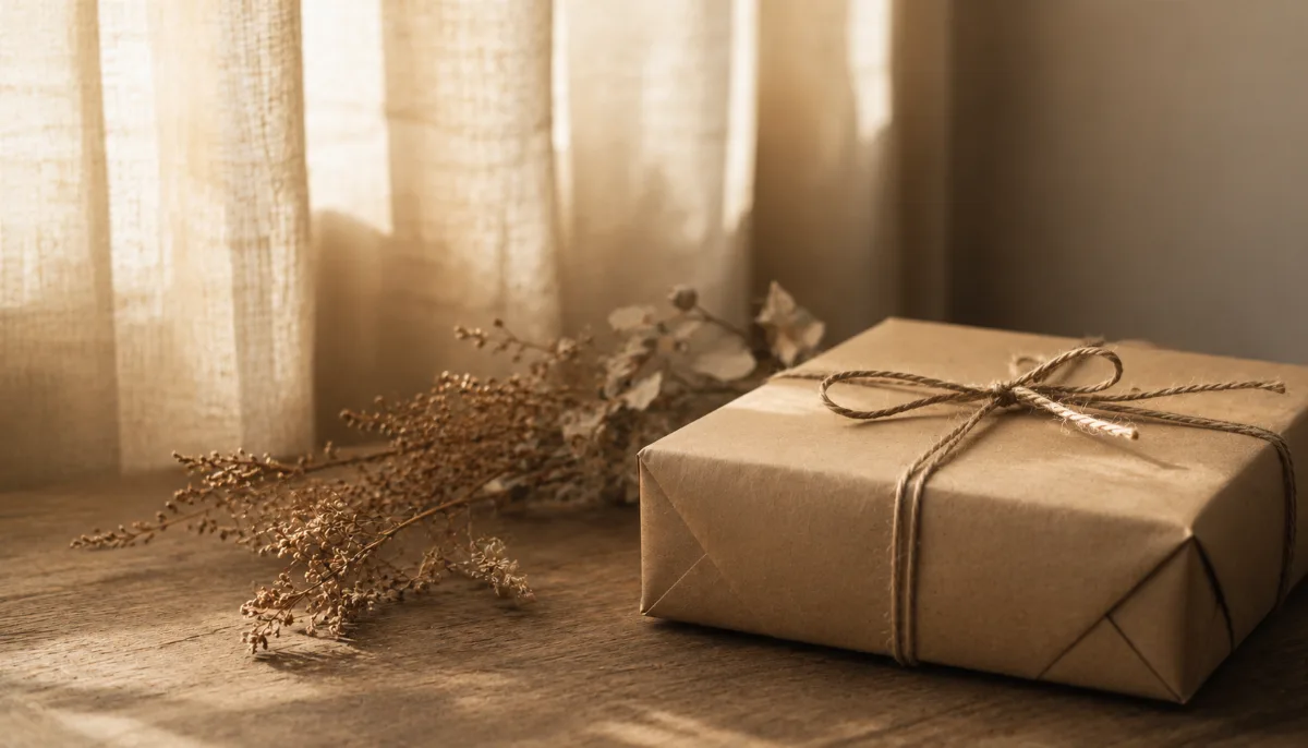 Single wrapped parcel tied with string beside dried foliage