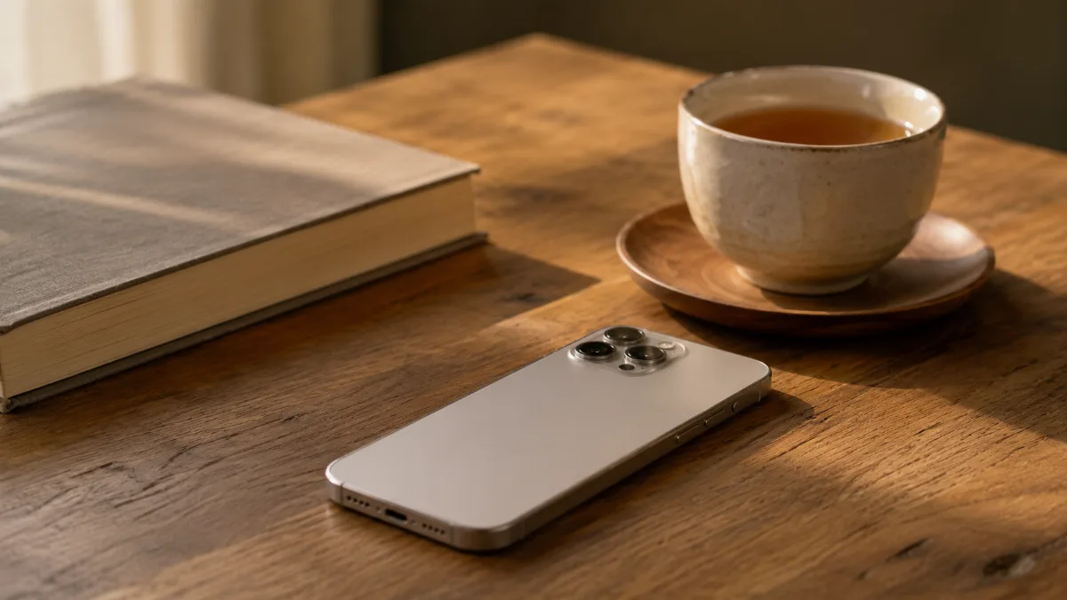 Single phone face-down beside a book and a cup of tea