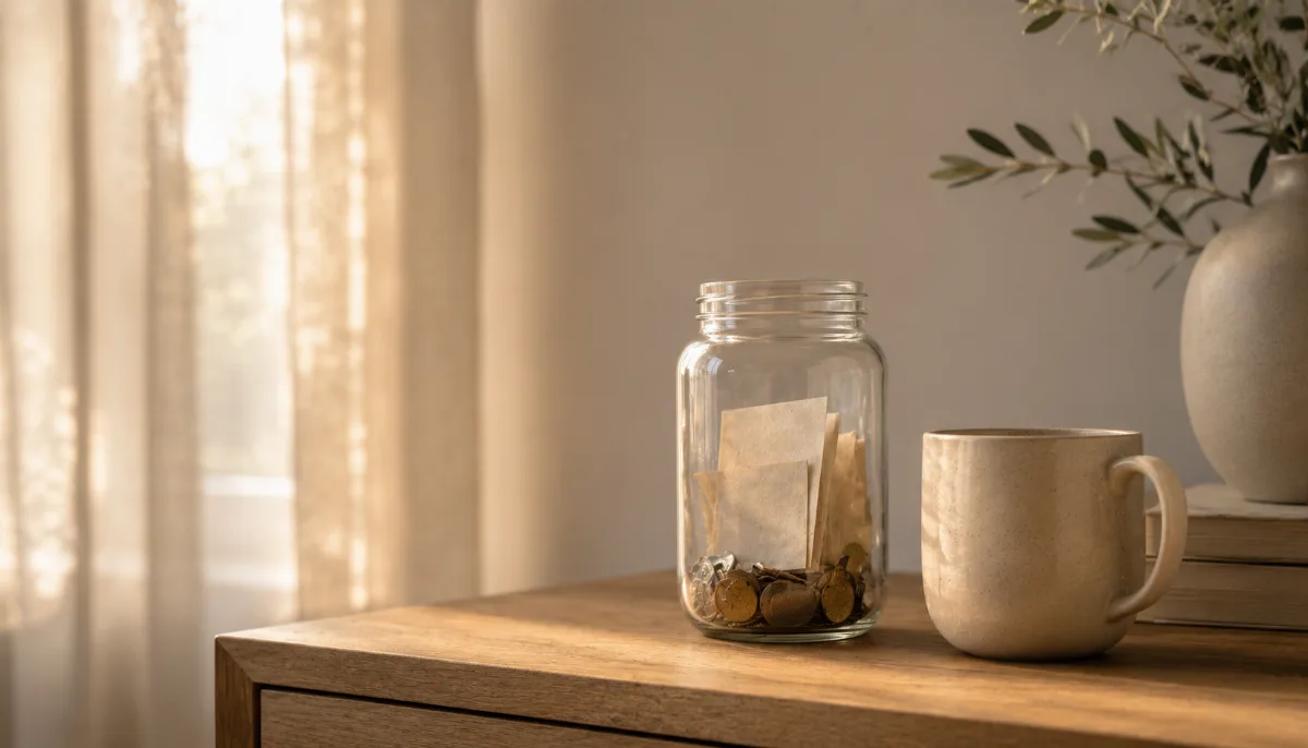 Glass jar holding folded notes and coins on a wooden surface