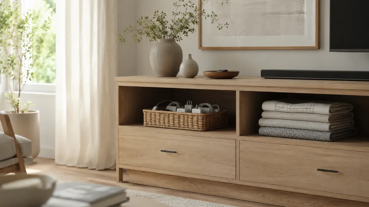 Tidy media console with charging cables tucked into a small woven basket
