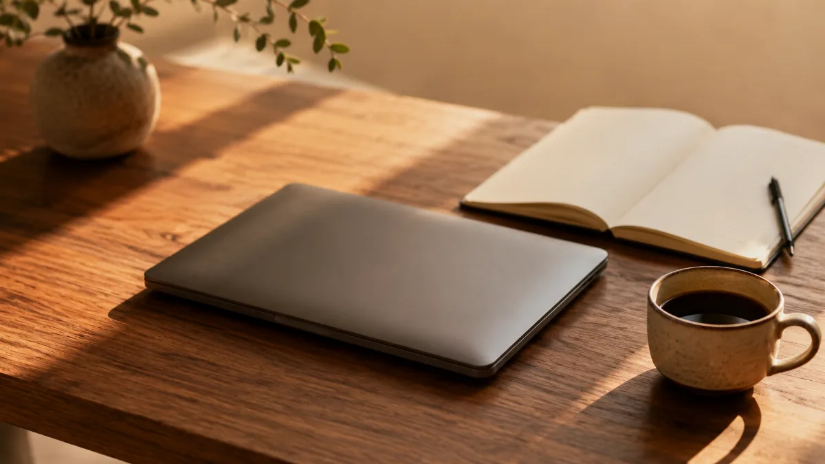 Clean desk with one closed laptop and a cup of coffee