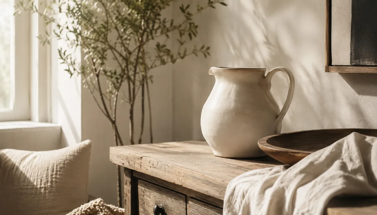 Serene styled vignette with neutral tones and soft daylight