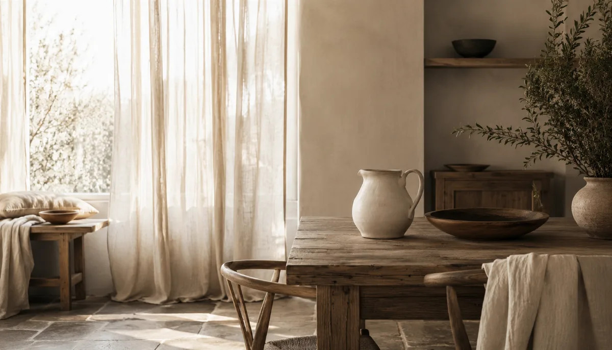 Calm minimalist interior with natural light and a few simple objects