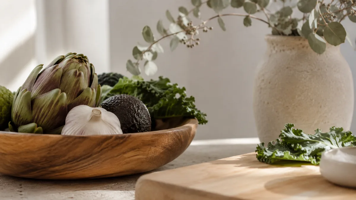 Wooden bowl of vegetables beside a chopping board