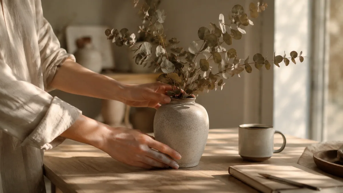 Serene styled vignette with neutral tones and soft daylight