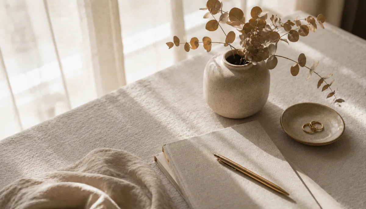 Serene styled vignette with neutral tones and soft daylight