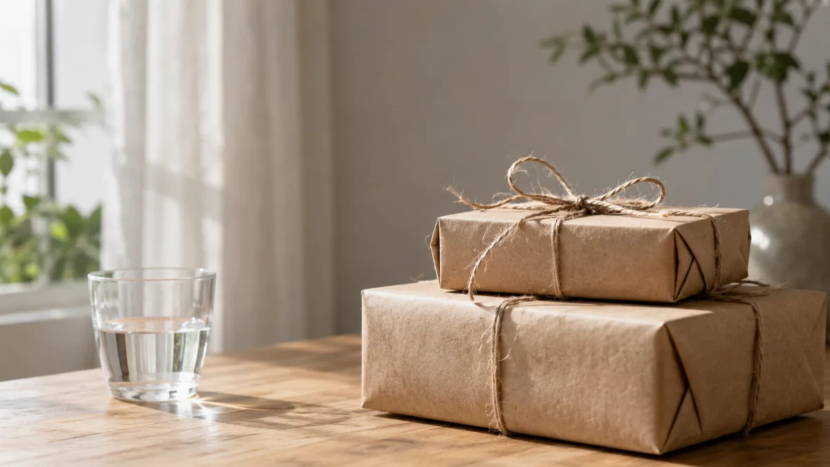 Simply wrapped gifts in plain kraft paper with natural twine on a table