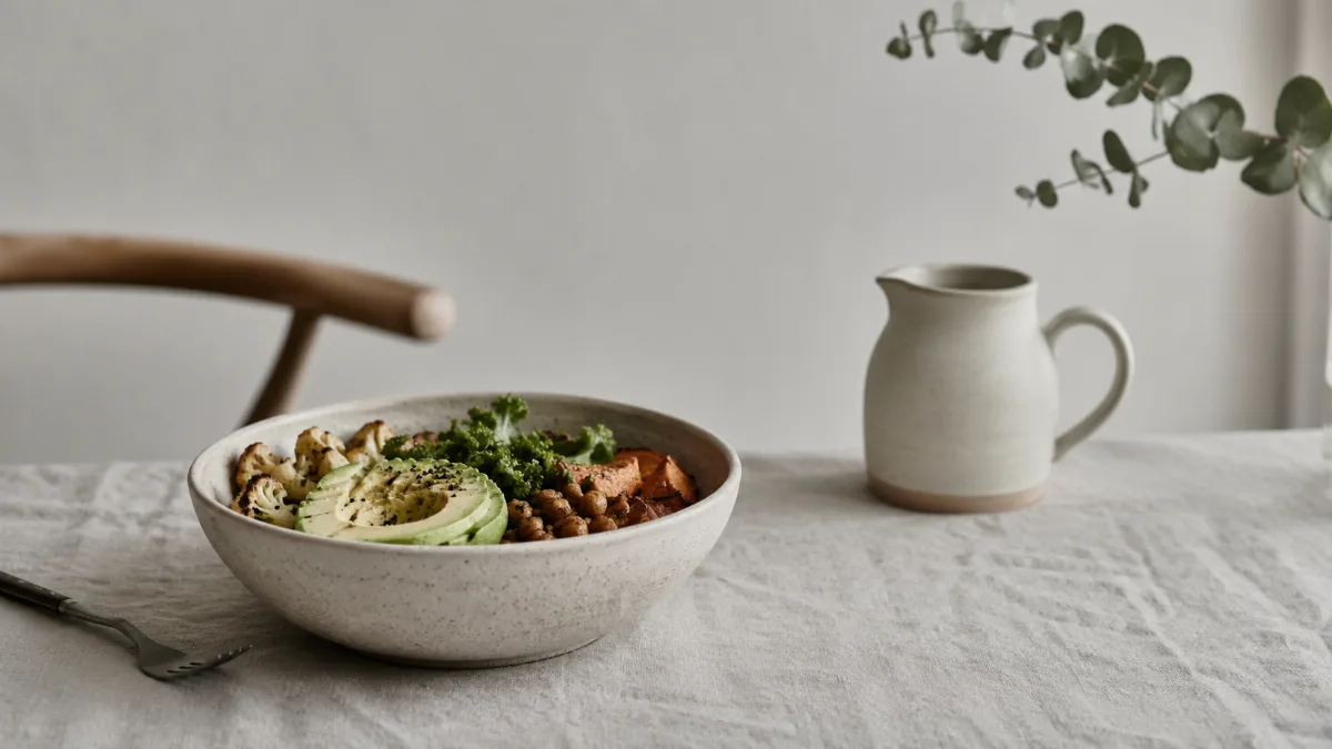 Minimalist table set with a single wholesome bowl