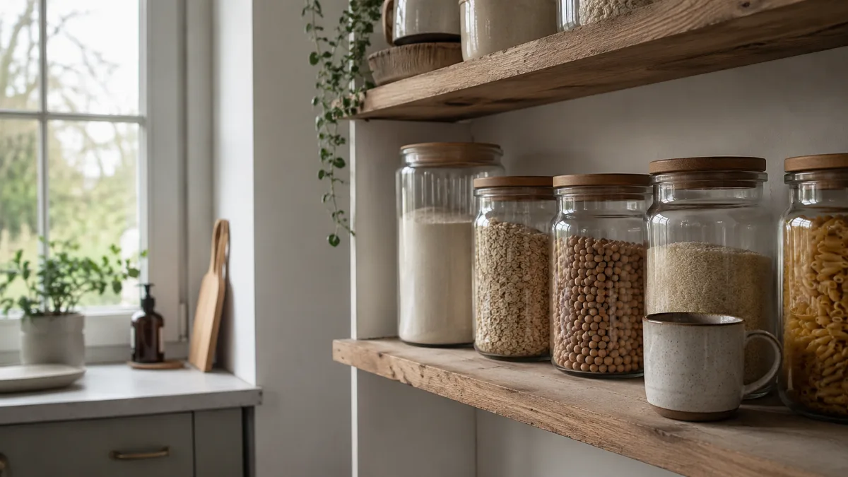 Glass jars of pantry staples on an open shelf