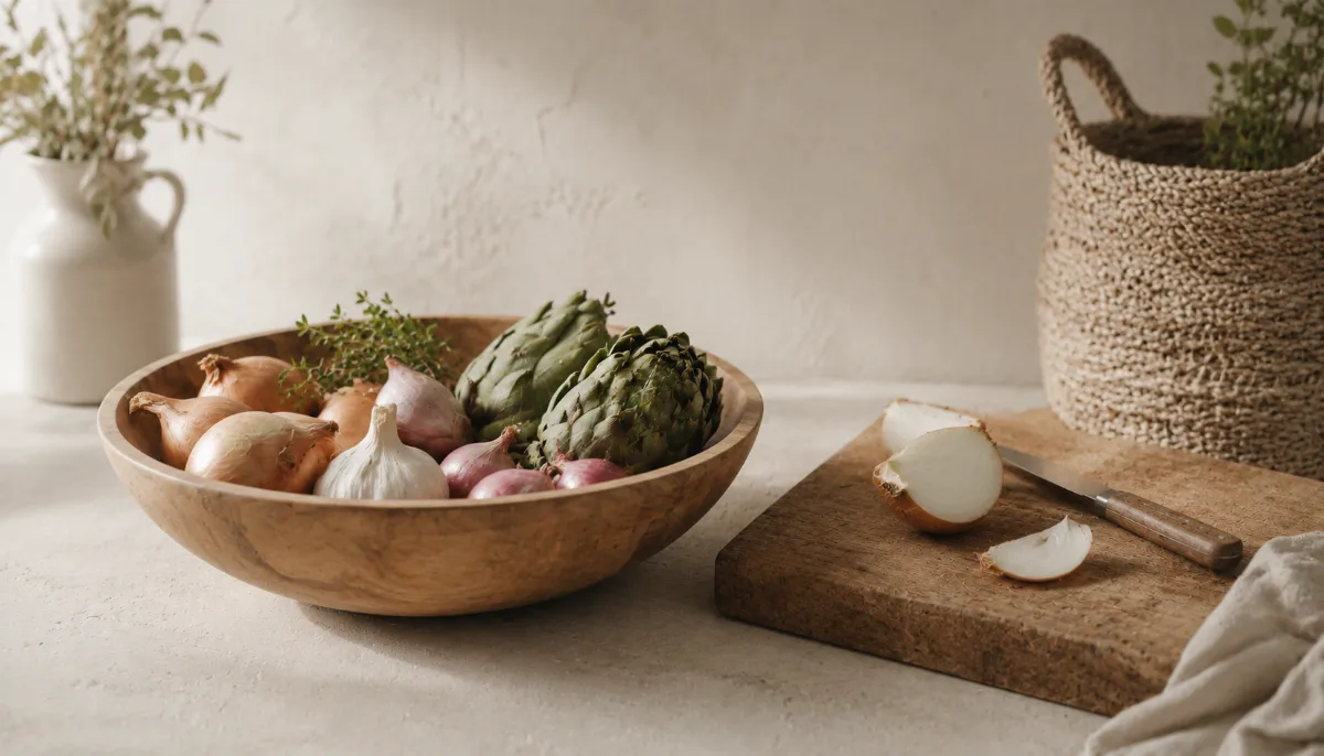 Wooden bowl of vegetables beside a chopping board