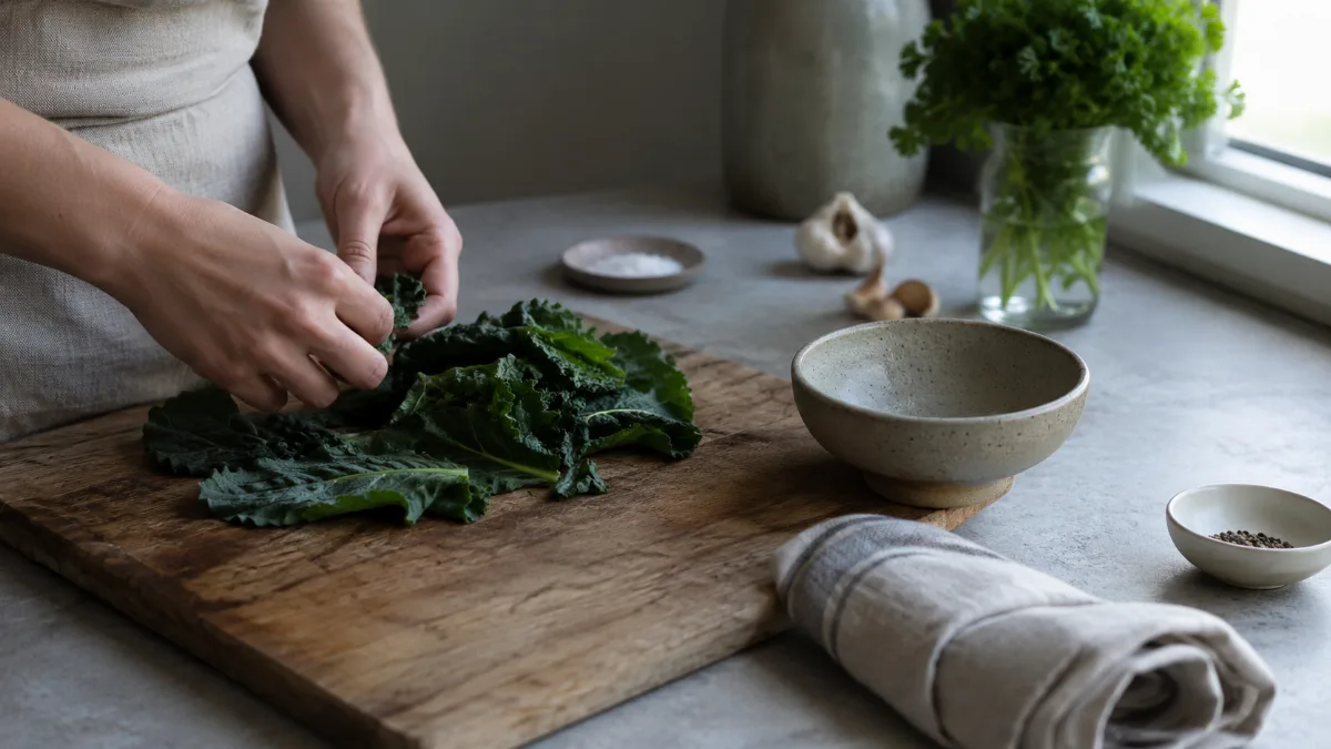 Simple kitchen counter with fresh ingredients and a wooden board