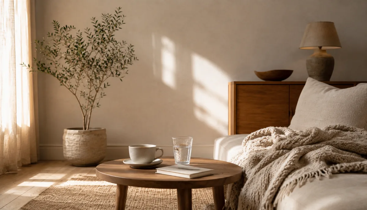 Calm evening corner with tea and a folded blanket