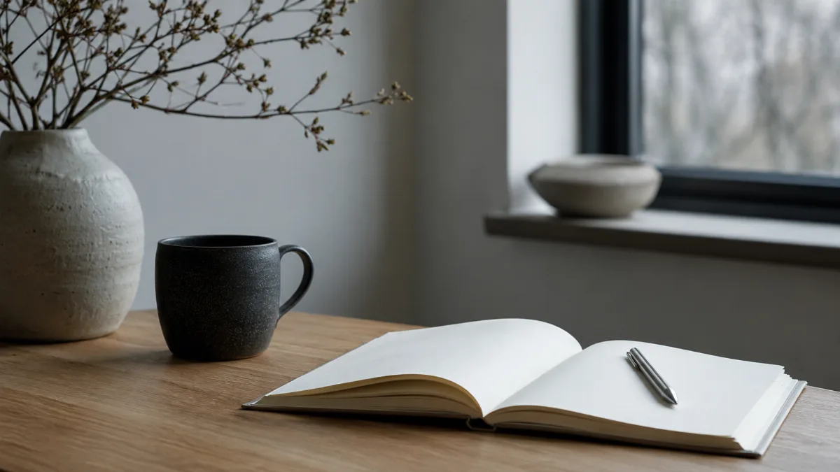 Calm minimalist interior with natural light and a few simple objects